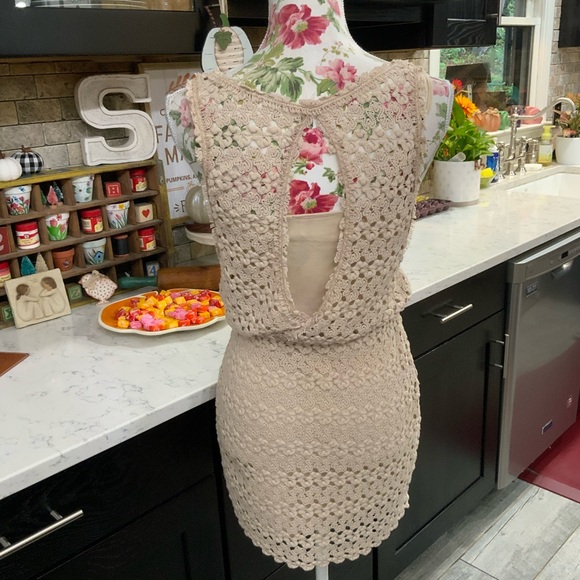 Free People Womens XS Dress Crochet Dress Lace Boho Blouson Beige Lined Cami - Picture 6 of 14